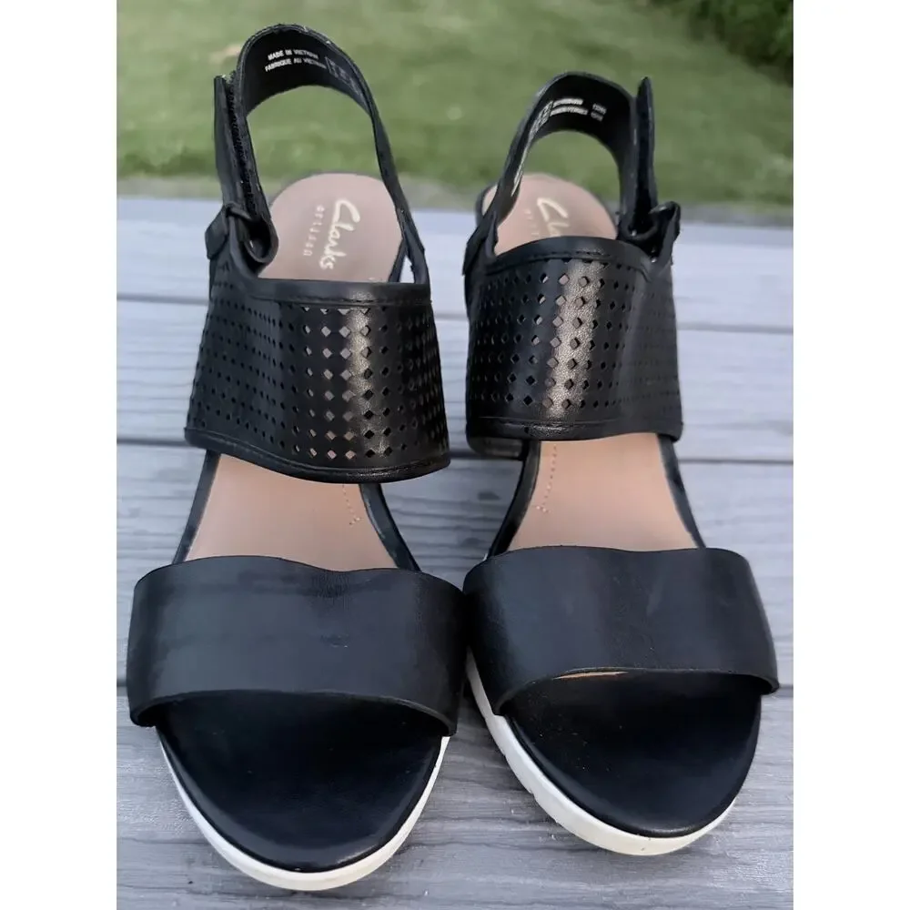 Clarks Pastina Malory Sling Back Leather Block Heel Black Size 8.5M Vacation GUC